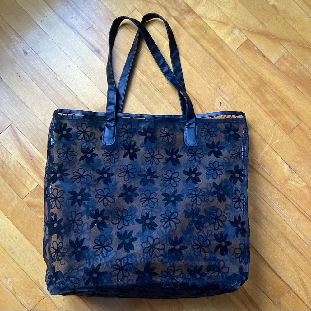 Floral Black Mesh Tote Bag‎